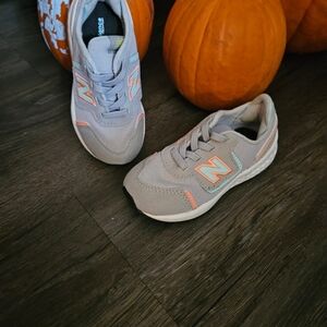 New Balance Kids Gray Sneakers with Coral & Light Blue Accents